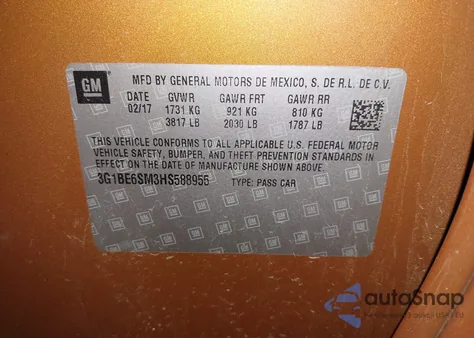 2017 Chevrolet Cruze Lt Auto z USA, uszkodzony, nr VIN 3G1BE6SM3HS588955